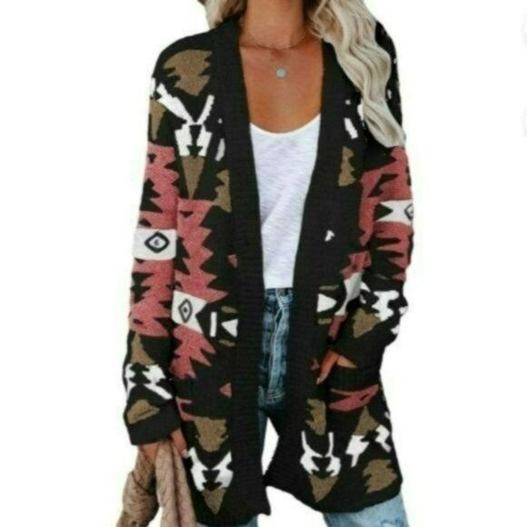 Sweaters - Tribal Western Boho Print Black Pink‎ Oversized Cardigan Lightweight Coat Size M
